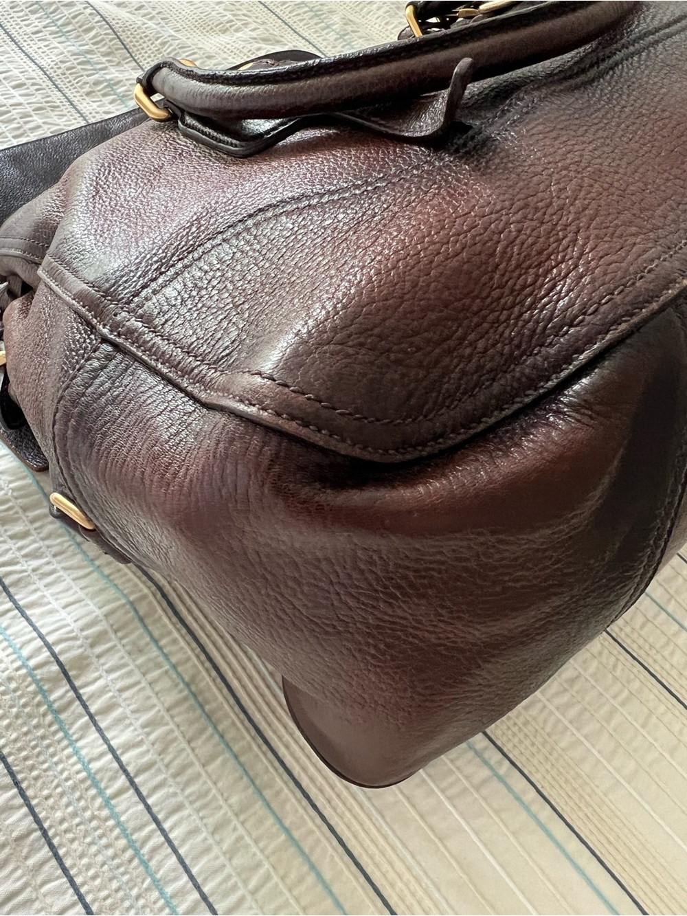 Prada Brown Pebbled Leather Top-Handle/Shoulder Bag/Tote with Gold Hardware - Picture 15 of 16